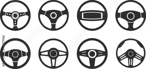 Modern car steering wheel icon set, automotive vehicle driving symbols, black flat vector illustrations for transport