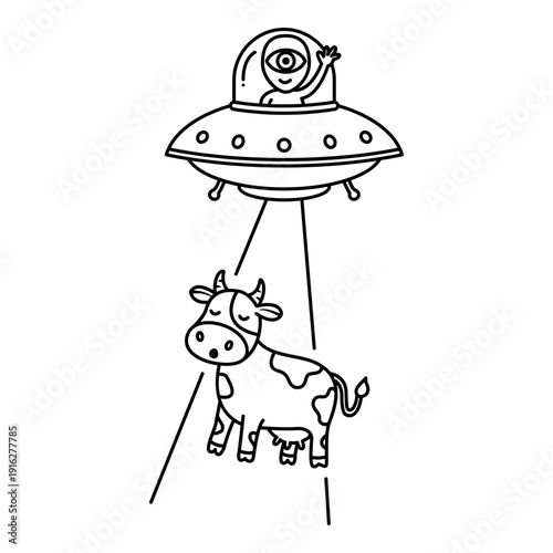 Cow Being Abducted by UFO. UFO icon. Cute cow sticker. Cute sticker. UFO sticker