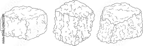 Vector line illustration of fresh cut sugarcane pieces, juicy sugar cane stalks slices showing fibrous sweet interior, tropical street food snack, natural raw cane sugar, exotic refreshment