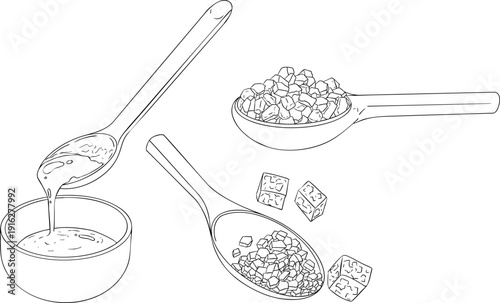 Vector line illustration of fresh cut sugarcane pieces, juicy sugar cane stalks slices showing fibrous sweet interior, tropical street food snack, natural raw cane sugar, exotic refreshment