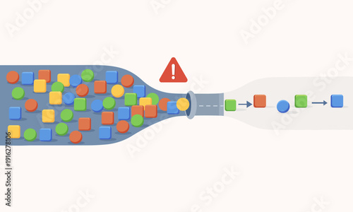 Minimal flat vector illustration showing data elements passing through a filter and becoming organized output. Concept of information processing, selection, optimization, and structured workflow.