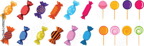 Colorful candy and lollipop set assorted wrapped sweets for celebration birthday and festive design vector illustration