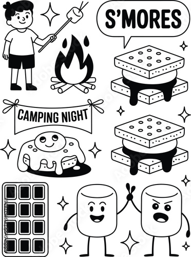 Kids roasting marshmallows and making s'mores on a camping night with graham crackers and chocolate