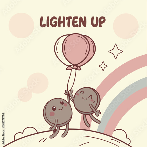 poster of worries drawn as heavy stones tied to balloons lifting them away into the sky, soft dreamy cartoon style, warm gradient background, include friendly text ‘LIGHTEN UP’