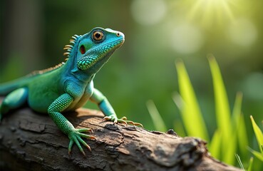 Bright green lizard rests on old tree branch. Small reptile with textured scales poses in sunlit jungle. Wild animal in natural habitat outdoor.