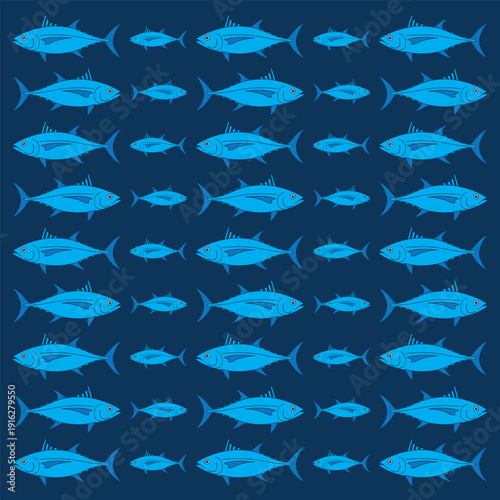 Seamless tuna fish pattern with white line art illustrations over blue and turquoise wavy ocean background. Modern minimal seafood vector design ideal for packaging, food branding, wrapping paper, tex