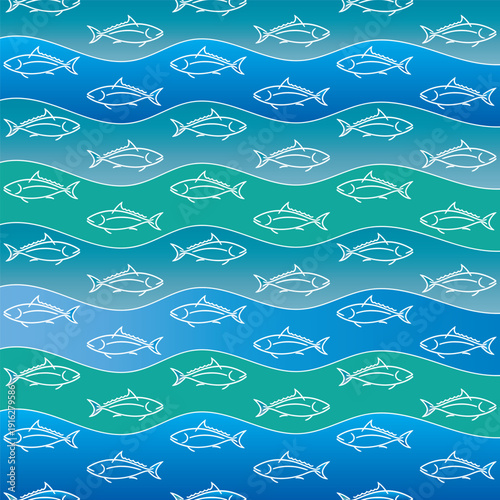 Seamless tuna fish pattern with white line art illustrations over blue and turquoise wavy ocean background. Modern minimal seafood vector design ideal for packaging, food branding, wrapping paper, tex