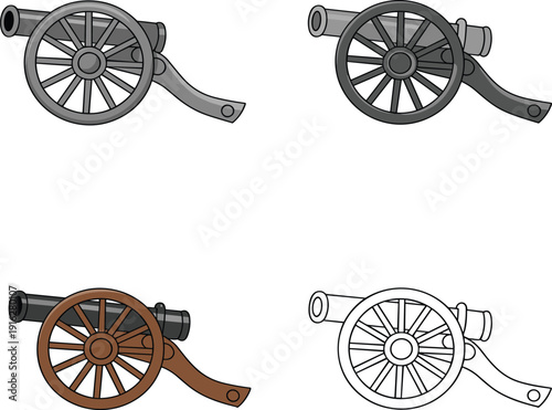 Vintage antique cannon artillery icon set, historical weapon field gun symbols, old military army vector illustration