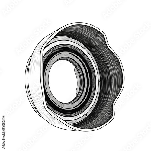 Camera lens hood, graphic illustration, black and white sketch