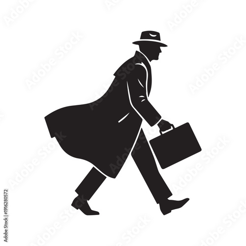 Silhouette of a mysterious detective spy or agent wearing a fedora hat and trench coat carrying a briefcase, vector illustration isolated on white background.
