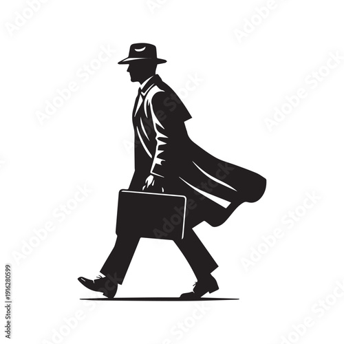 Silhouette of a mysterious detective spy or agent wearing a fedora hat and trench coat carrying a briefcase, vector illustration isolated on white background.
