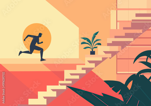 Silhouette of businessman running up modern staircase with plants in minimalist flat design showing ambition and progress in warm color palette