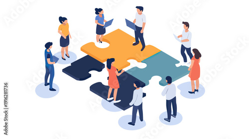 Isometric business team working together assembling large colorful puzzle pieces symbolizing collaboration partnership and teamwork concept in flat design style