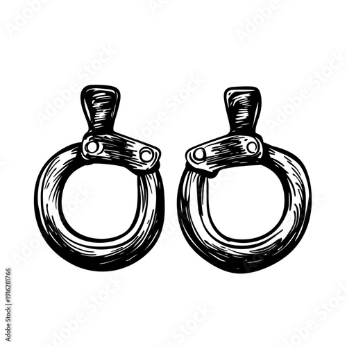 Hand drawn sketch of two metal handcuffs with locking mechanism in black ink style detailed vector illustration for crime and security concept
