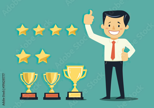 Businessman giving thumbs up next to gold trophies and star ratings success achievement evaluation concept flat vector illustration