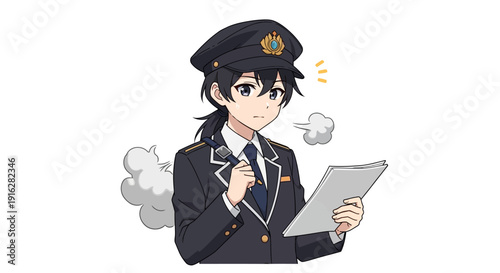 Anime style character in uniform holding paper surprised expression isolated