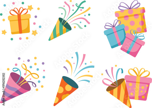 Colorful party popper and gift box collection set, festive birthday celebration elements, bright flat vector illustration