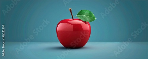 A vector icon of a glossy red apple with a green leaf, positioned on a solid background.
