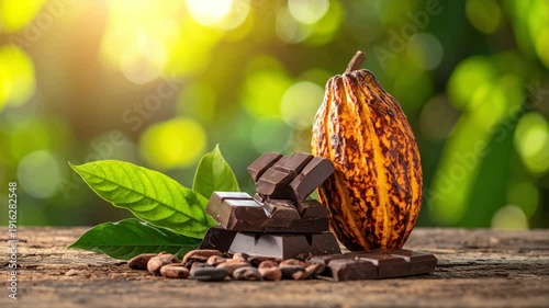 Chocolate bars, beans, and fruit on wood with a green and yellow bokeh background