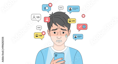 Stressed person overwhelmed by social media notifications illustration