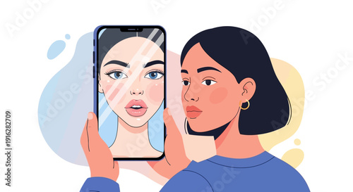 Woman looking at smartphone screen depicting her face in modern illustration