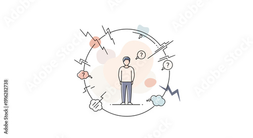 Person surrounded by abstract symbols illustrating thought and ideas