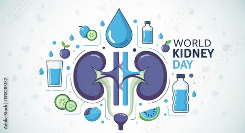 World kidney day illustration with kidneys water drop fruits and drinks for health awareness campaign