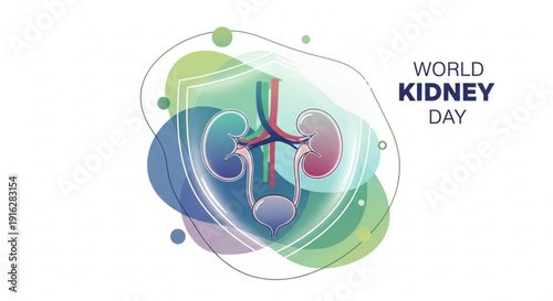 World kidney day awareness illustration with colorful kidney anatomy and shield