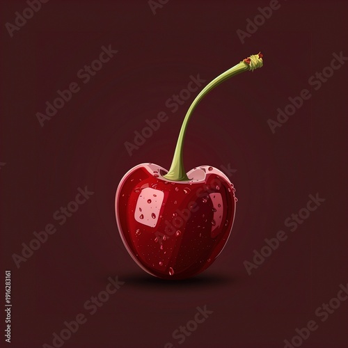 A vector icon of a juicy, ripe cherry with a green stem, displayed on a solid background.