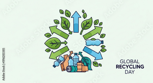Global recycling day illustration with recyclable materials and leaves in a circular arrow pattern
