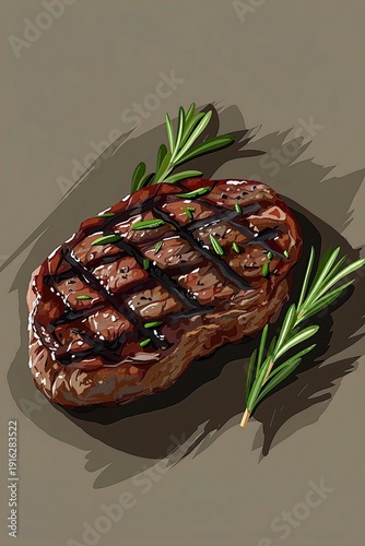 A vector icon of a juicy steak with grill marks and a sprig of rosemary, centered on a solid background.