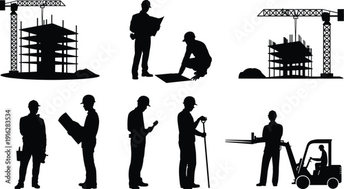 Construction site silhouettes with crane, engineers and workers isolated on white background industrial building project concept illustration