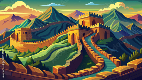 Very beautiful winding stones of the Great Wall stretch across mountains, forming an extraordinary ancient defensive structure.