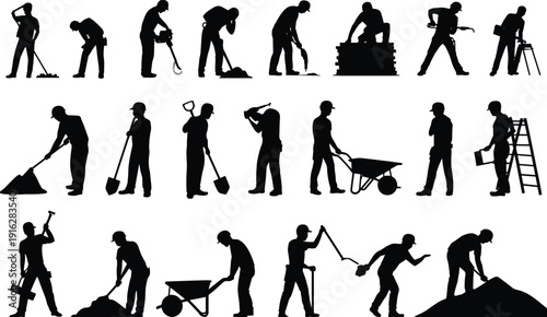 Construction workers silhouette collection shoveling, digging, carrying wheelbarrow and tools isolated on white background labor industry set