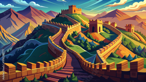 Very beautiful winding stones of the Great Wall stretch across mountains, forming an extraordinary ancient defensive structure.