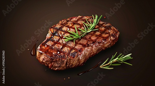 A vector icon of a juicy steak with grill marks, garnished with rosemary, placed on a solid background.