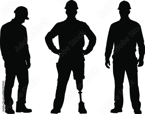 Construction worker with prosthetic leg silhouette standing isolated on white background disability inclusion industry labor concept illustration