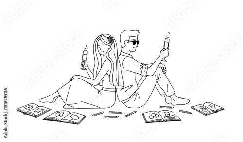 Stylish newlywed couple toasting champagne with coloring books minimalist white background vector