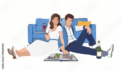 Young married couple celebrating at home with wine and coloring book isolated vector art