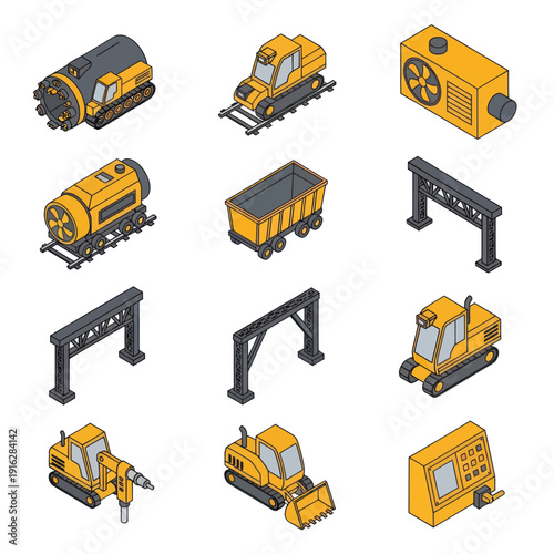 Collection of Yellow Heavy Machinery Equipment.