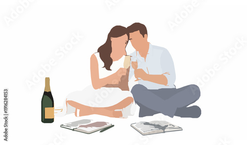 Newlywed couple sitting on floor drinking champagne with coloring books modern flat vector illustration