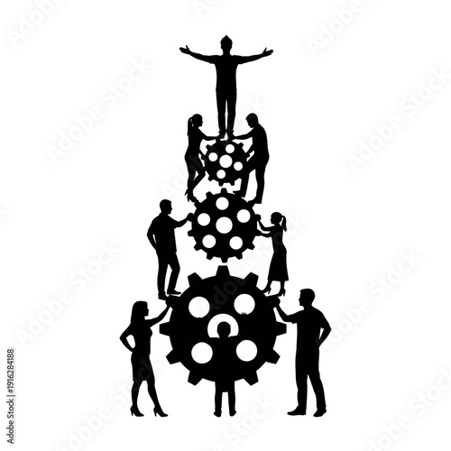 Teamwork Silhouettes on Interlocking Gears Structure.