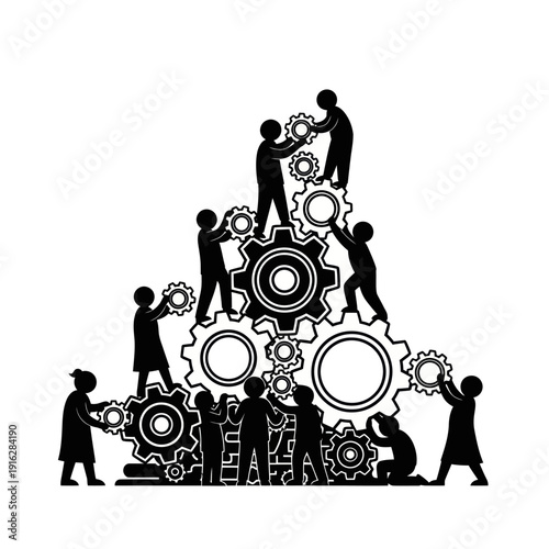 Teamwork Silhouettes Assembling Gears Together.