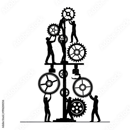 Silhouetted people assembling large mechanical gears.