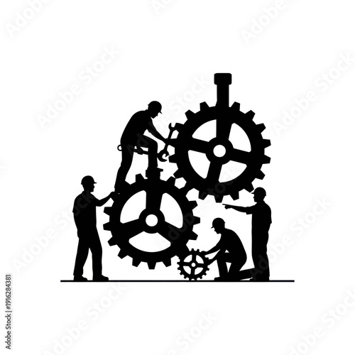 Teamwork Silhouettes Assembling Large Gears Together.
