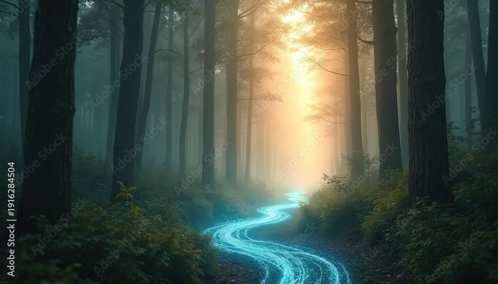Fototapeta premium Mystical forest path with glowing blue stream of data. Bright sunrise light filters through misty trees creating serene, magical atmosphere. Nature meets technology in tranquil wood.