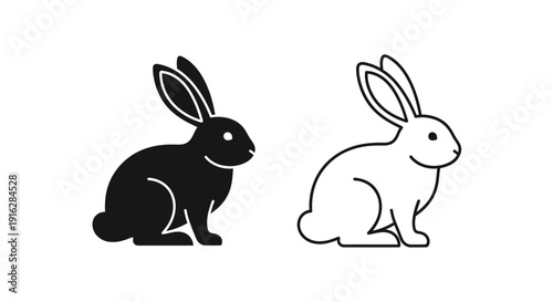 Two rabbits sitting on the ground, one black and one white, silhouette design Vector