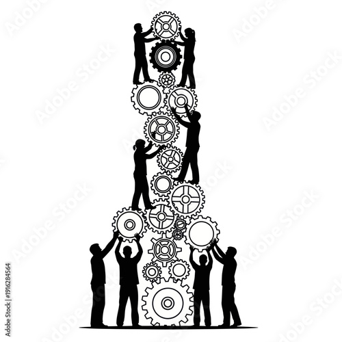 Silhouettes Building Gear Structure Teamwork Concept.