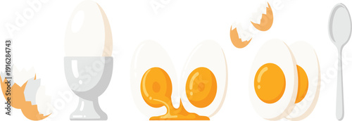 Boiled Egg Illustration Set Soft and Hard Boiled Breakfast Food with Eggshell and Egg Cup Vector Collection
