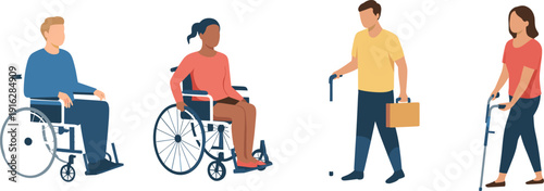 Diverse people with disabilities set, wheelchair users and persons with walking canes, inclusive flat vector illustration